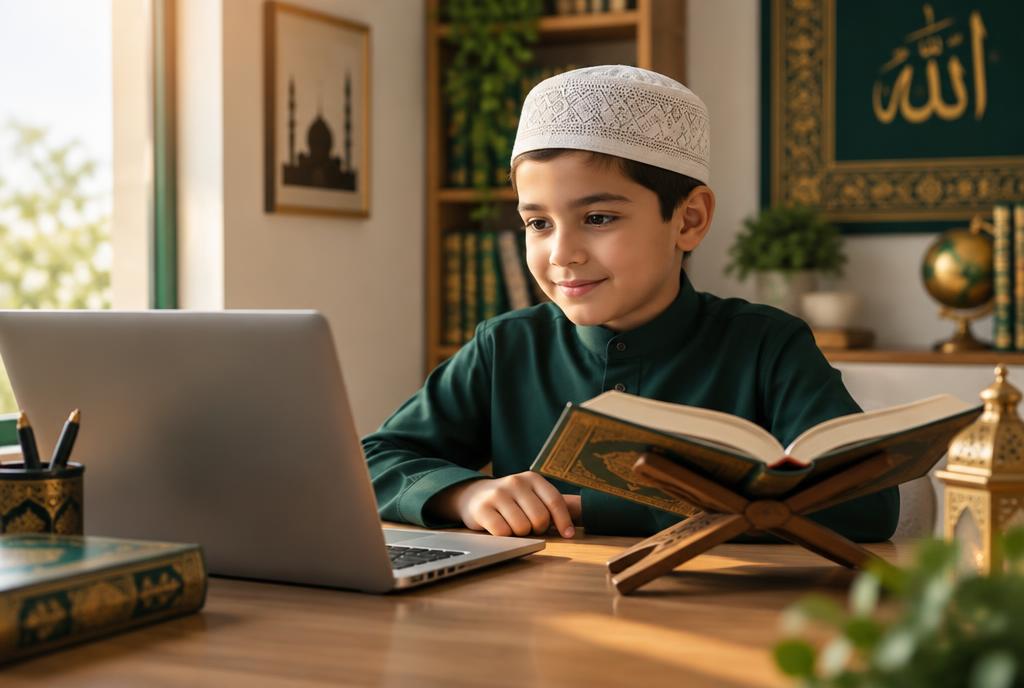 A young student learning the Quran at home with a laptop