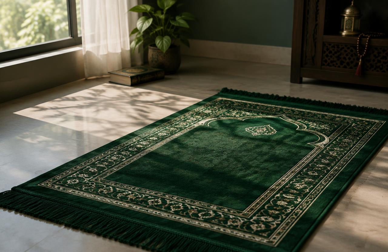 Prayer mat arranged peacefully in soft light