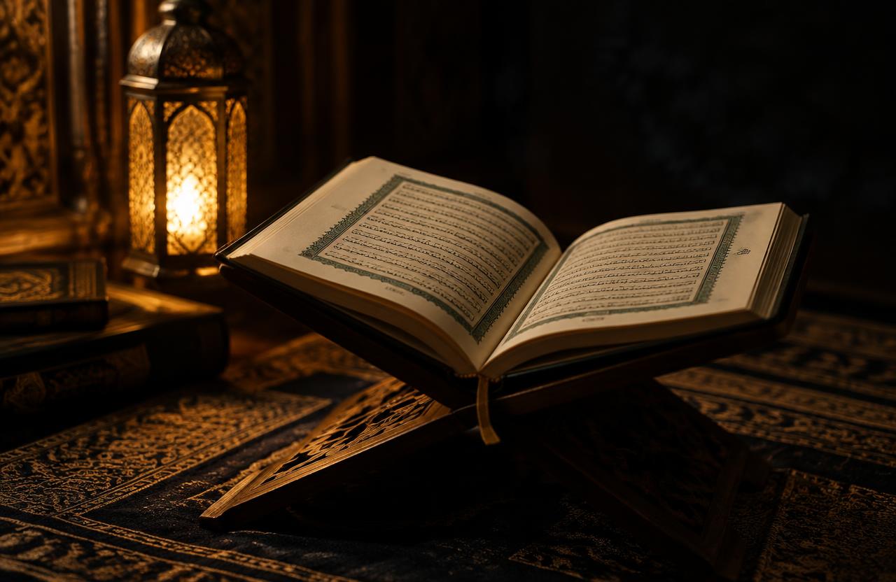 Holy Quran open on a wooden rehal in warm light