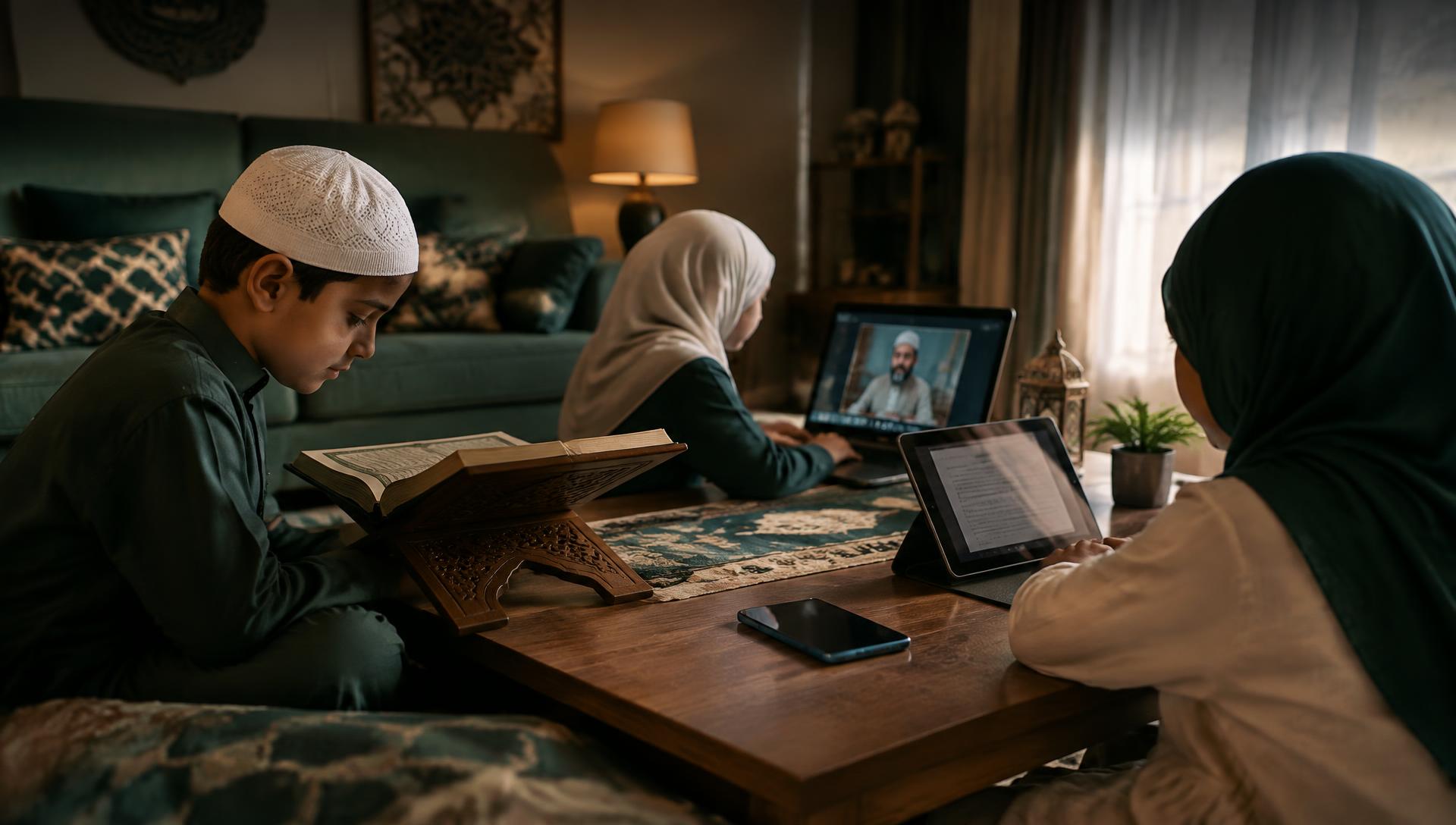 Young student learning the Quran at home with a laptop